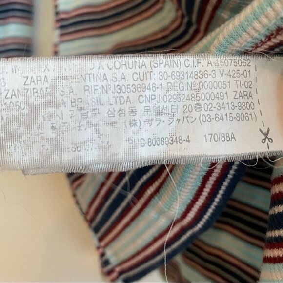 Zara Light Blue Maroon Red Striped Ribbed 1/2 Sleeve Mock Neck Size Small - Picture 7 of 8